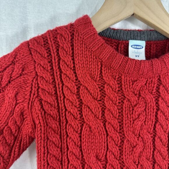 Old Navy Baby Vintage Red Cableknit Fisherman Wool Blend Sweater Size 2T Unisex - Picture 4 of 10